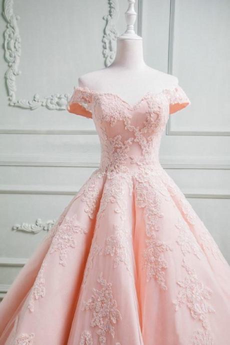 Pink Party Dress Off Shoulder Evening Dress Lace Applique Ball Gown Prom Dress M2075