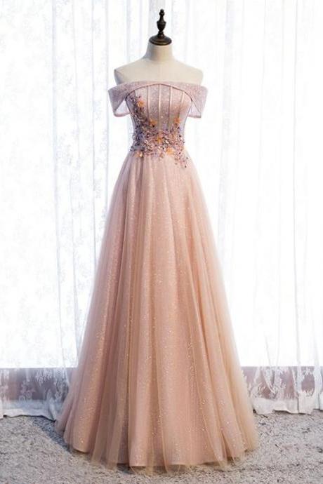 Champagne Tulle Off The Shoulder Beading Prom Dress M2078