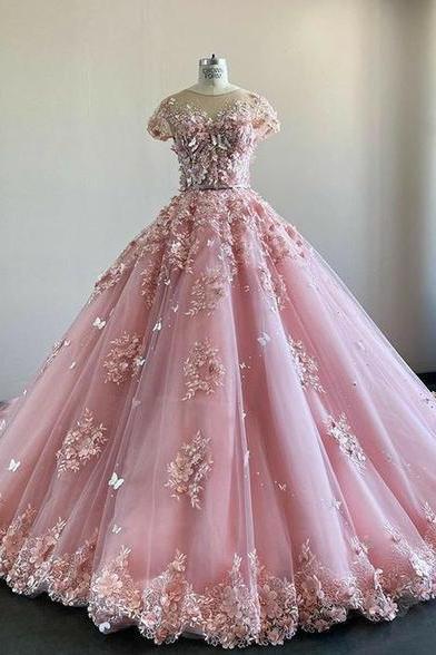 Pink Lace Tulle Prom Dress , Charming Ball Gown M2083