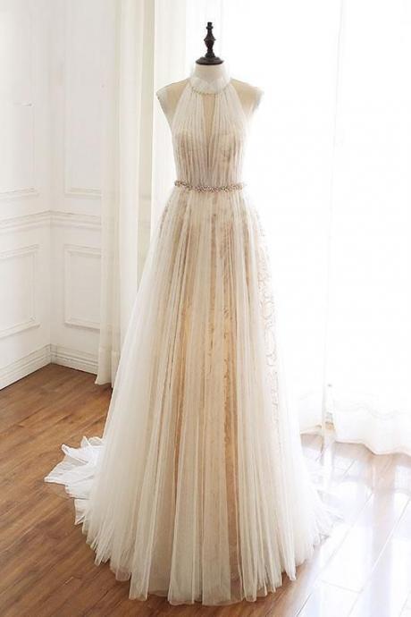 Creamy Tulle High Neck Long Floral Lace Prom Dress, Evening Dress With Beaded M2109