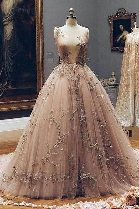 Champagne V Neck Tulle Lace Prom Dress, Champagne Tulle Evening Dress M2110