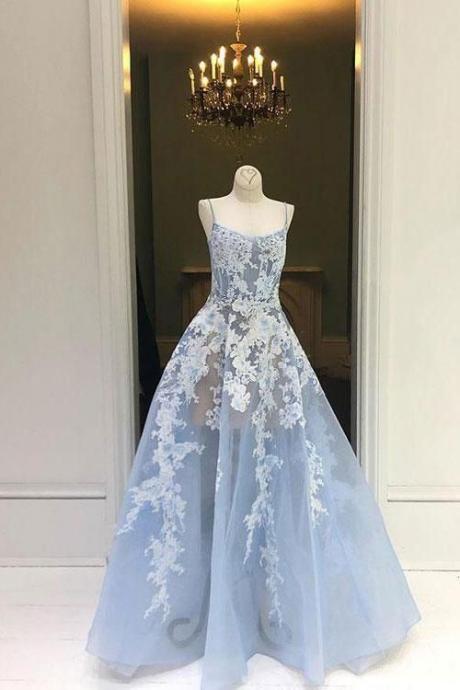 Blue Tulle Lace Long Prom Dress, Blue Tulle Evening Dress M2111