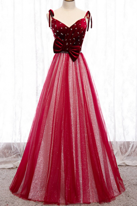Tulle Sequins Velvet V-neck Beading Prom Dress M2112
