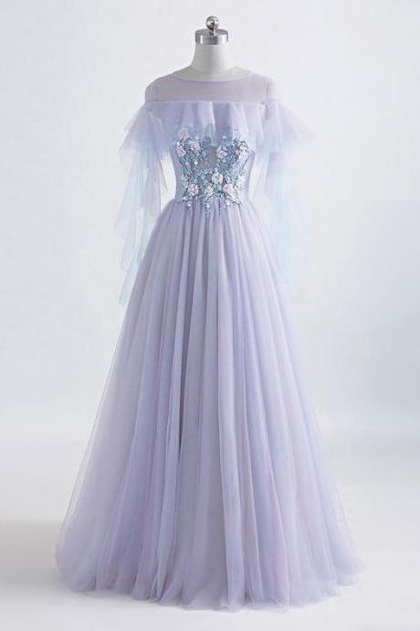A-line/princess Tulle Jewel Floor-length Prom Dress With Beaded Lace Appliques M2117