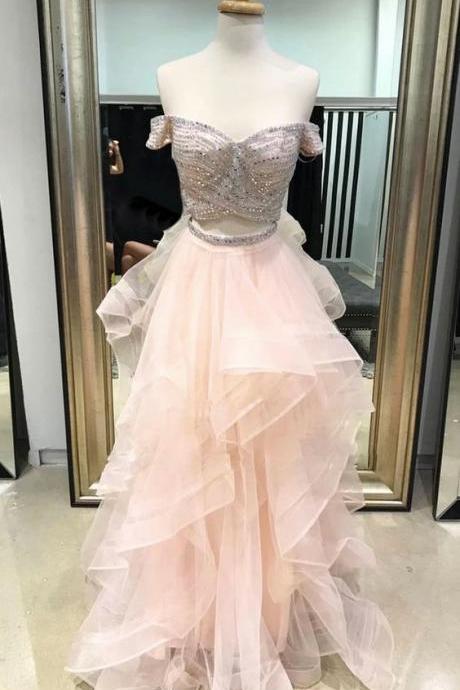 Pink Tulle Two Pieces Sequins Off Shoulder Long Homecoming Dress, Prom Dress M2122