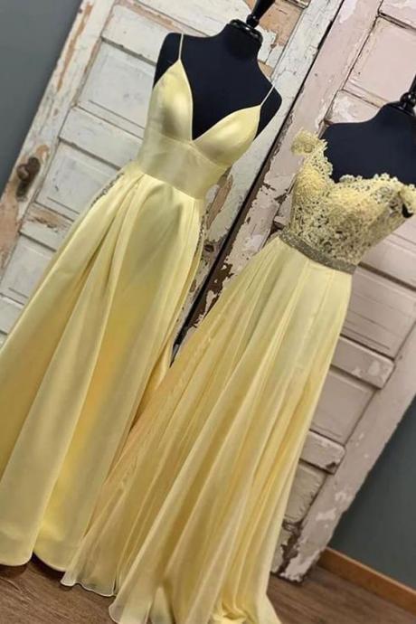 Charming A Line Spaghetti Straps/off The Shoulder Yellow Prom/evening Dresses M2123
