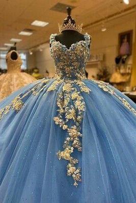 Charming A Line Blue Prom/evening Dresses Ball Gown Dress M2124