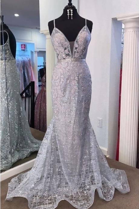 Gorgeous V Neck Mermaid Backless Silver Gray Prom Dress, Mermaid Silver Gray Formal Dress, Backless Silver Gray Evening Dress m2136