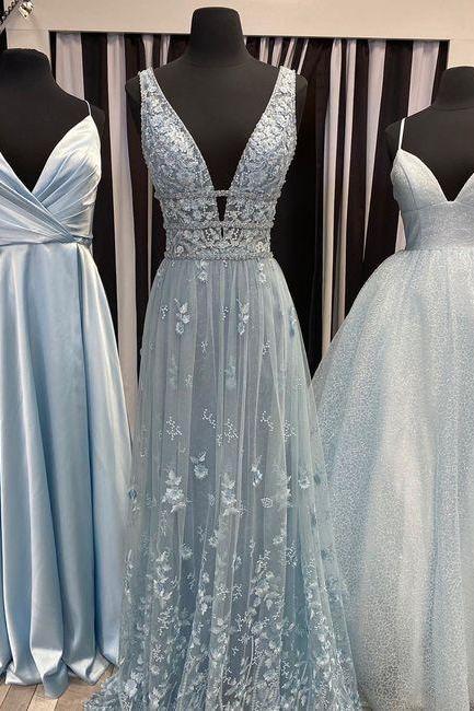 Gorgeous V Neck Blue Prom Dress, Formal Dress, Evening Dress M2137
