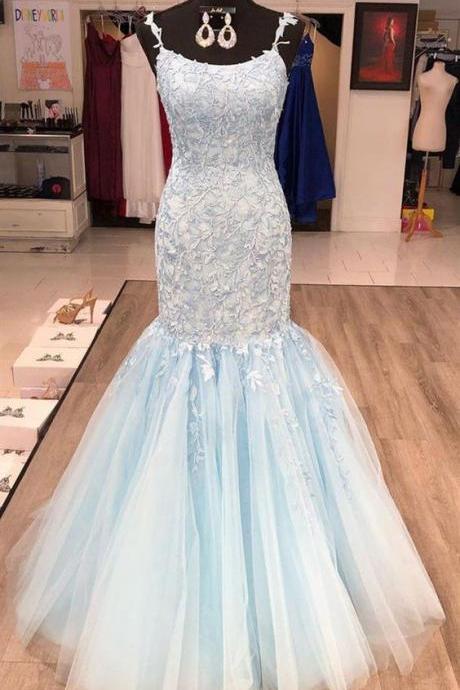 Sleeveless Prom Dresses Blue Lace Tulle Evening Dresses M2141