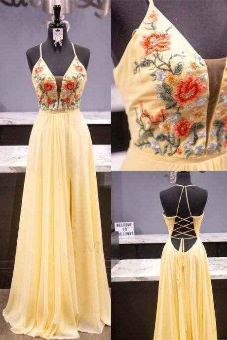 Elegant Yellow And Floral Embroidered Prom Dress M2142