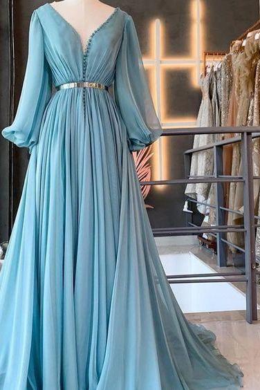 Smoky Blue Prom Dresses Long Sleeve V Neck Simple Chiffon Elegant Prom Gown M2143