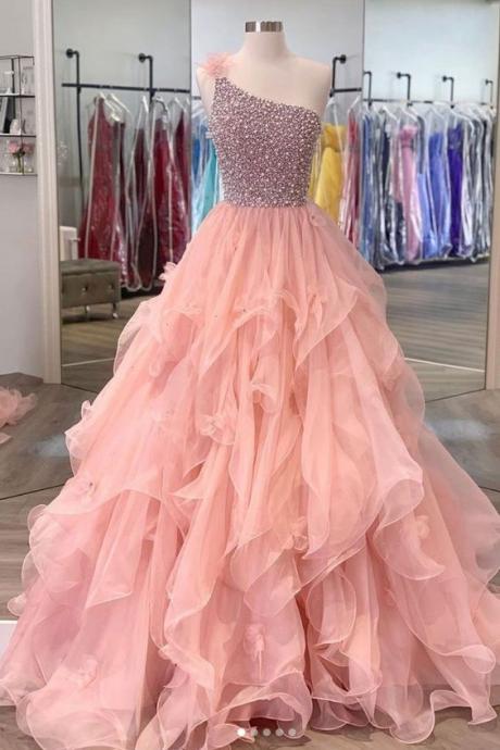 Pink One Shoulder Beads Long Prom Dress Pink Evening Dress M2144