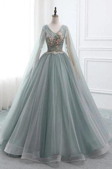 Custom Prom Dress Ball Gown Long Quinceanera Dress V-neck Long Sleeve Party Dress M2162