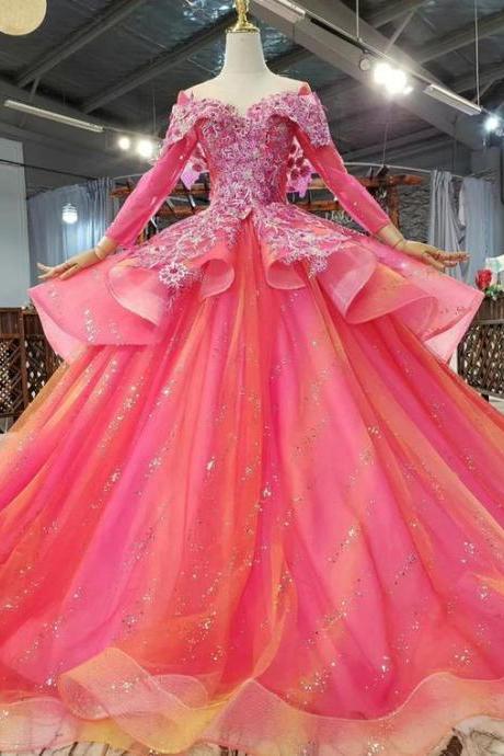 Fuchsia Tulle Sequins Long Sleeve Appliques Beading Prom Dress M2165