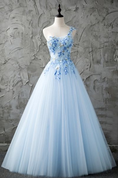 Fresh Blue Tulle One Shoulder A-line Long Prom Dress With Appliques M2166