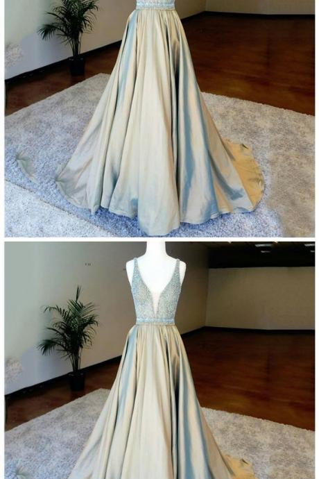 A-line Deep V-neck Floor-length Light Champagne Prom Dress With Beading M2183
