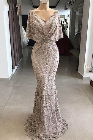 Elegant Mermaid Short Sleeve Prom Dresses Full Lace V Neck Long Formal Evening Party Gowns Zipper Back M2185