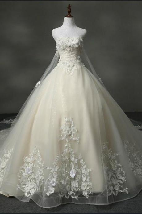 Strapless A-line Tulle Wedding Dress Lace Appliques M2197