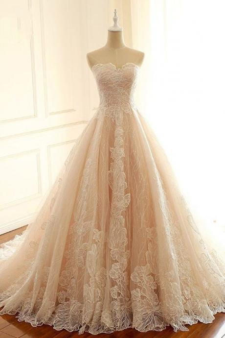 Light Champagne Lace Sweetheart Neck Long Strapless Evening Dress, Formal Prom Dress M2204