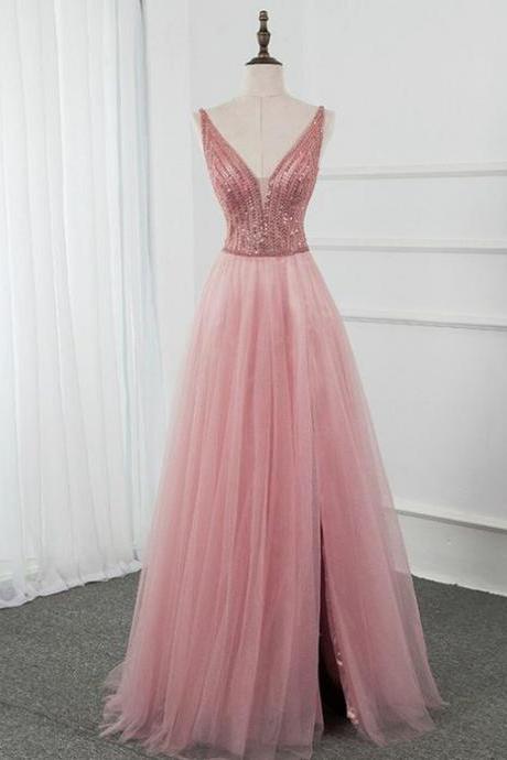 Pink Tulle Deep V-neck Backless Beading Sequins Prom Dress M2211
