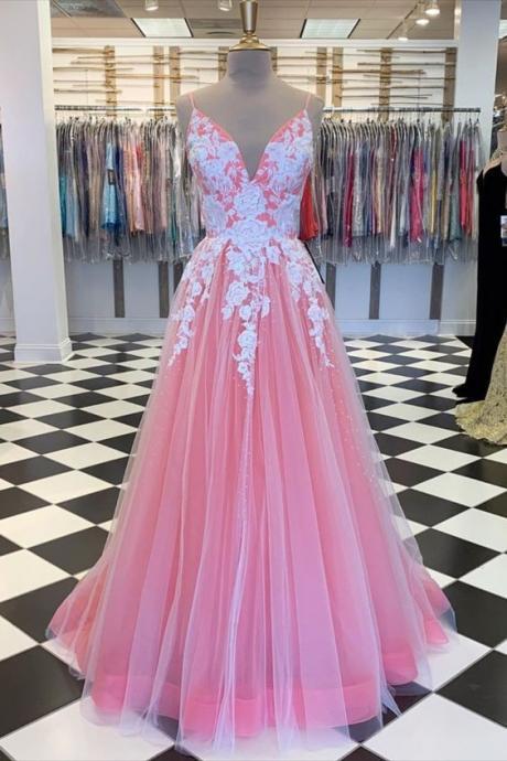 Pink Long Prom Dress With White Lace Appliques M2212