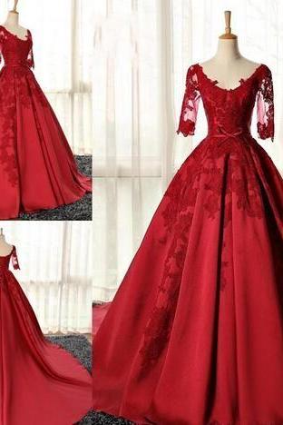 Red A Line Prom Dresses,v Neck 1/2 Sleeveless Prom Dress,lace Appliques Evening Dresses M2214