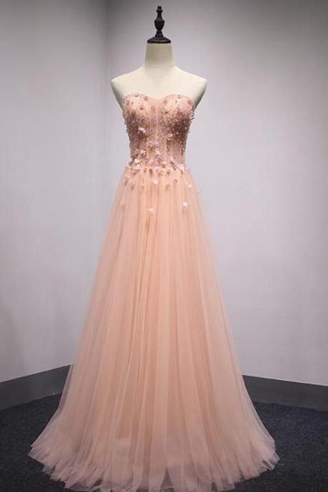 Light Coral Tulle Sweetheart Strapless Formal Gown, Long A-line Junior Prom Dress M2215
