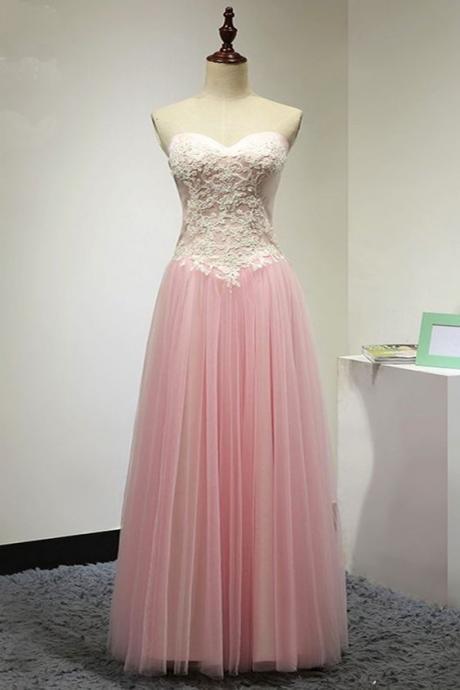 Pink Tulle Floor Length Senior Prom Dress, White Lace Top Long Strapless Evening Dress M2216