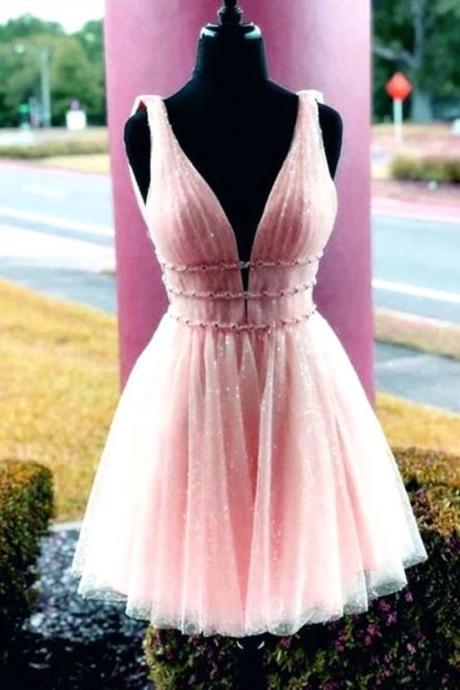 Shiny A Line V Neck Short Pink Prom Dresses, Shiny Short Pink Formal Homecoming Dresses M2218