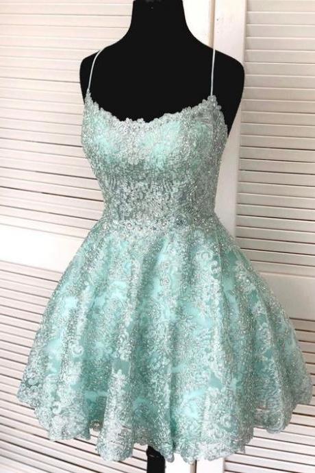 Straps Mint Green Short Lace Homecoming Dress,Lace Graduation Dress m2224