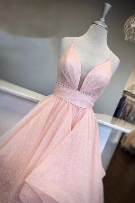 Pink V Neck Tulle Long Prom Dress Evening Dress M2225