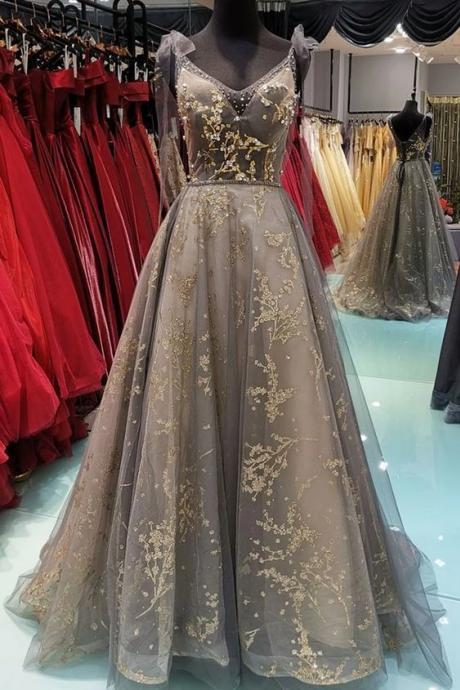 Gray Lace V Neck Long Customize A Line Formal Dress, Prom Dress M2229