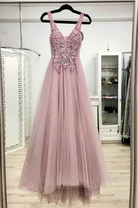 Pink V Neck Tulle Long Prom Dress Evening Dress M2230