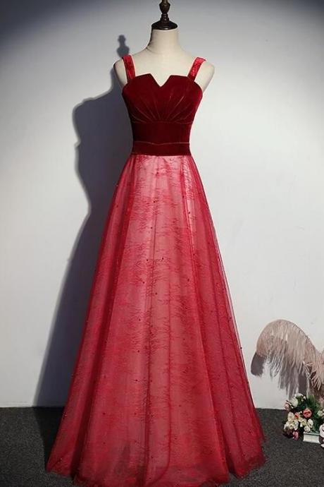 Lovely Tulle With Velvet Top Floor Length Red Prom Dress, Red Long Formal Dress M2231