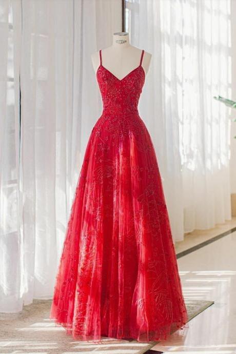 Lovely Tulle Floor Length Red Prom Dress, Red Long Formal Dress M2232