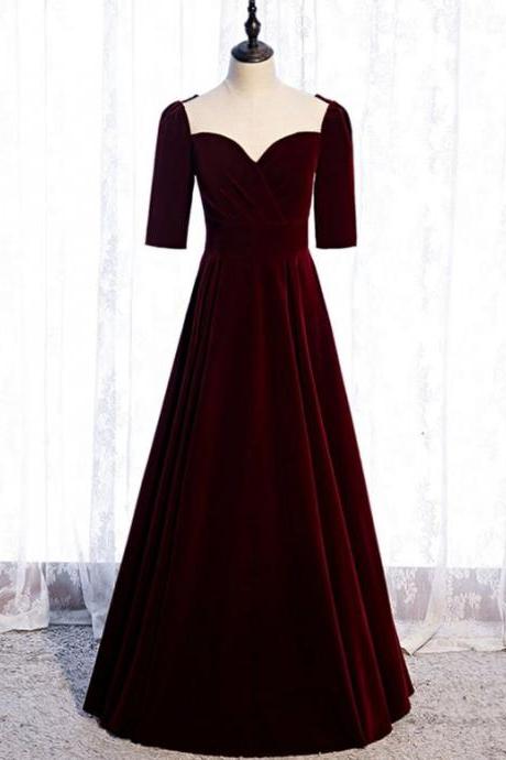 Burgundy Velvet Short Sleeve Scoop Prom Dress m2234
