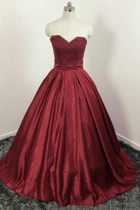 Sweetheart Burgundy Satin Strapless Customize Long Sweet 16 Prom Dress, Long Lace Top Party Dress M2242