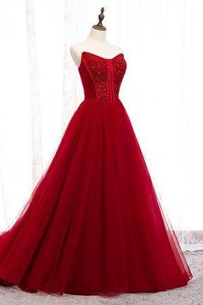 Red Tulle A-line Long Evening Prom Dresses, Sweet 16 Prom Dresses M2247