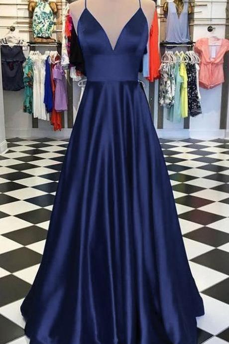 A-Line Long Satin V-Neck Prom Dresses Formal Evening Gowns m2248