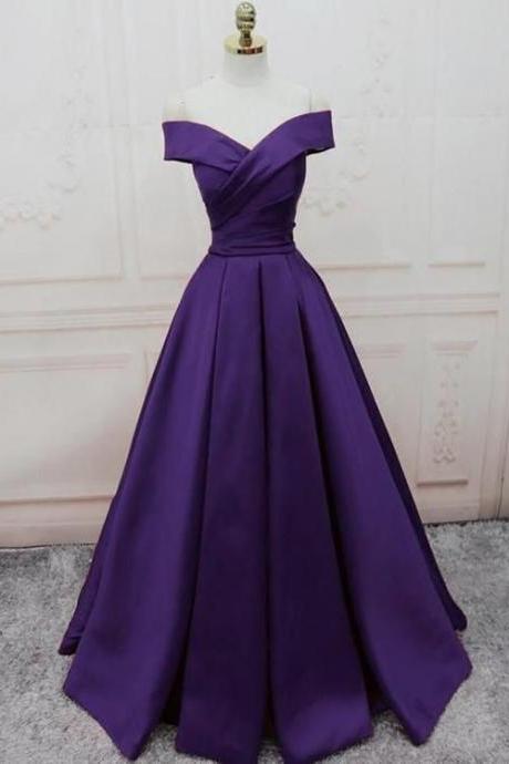 Dark Purple Off Shoulder Satin Long Formal Gown, Prom Dresses M2251