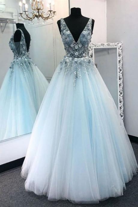 V Neck Appliques Blue Lace Long Prom Dress, Floral Blue Lace Formal Dress, Lace Blue Evening Dress, Ball Gown m2253