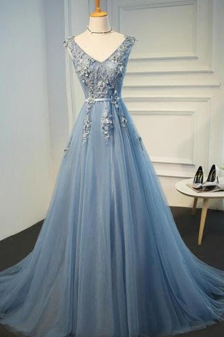 Beautiful Light Blue V-neckline Flower Lace Applique Party Dress, High Quality Long Tulle Evening Dress M2256