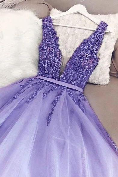 Elegant Lavender Tulle Dresses Prom V Neck Evening Gown For Women M2267