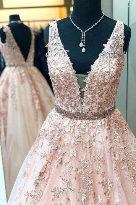 A Line Lace V Neck Pink Prom Dresses With Appliques Long Evening Gown For Women M2268