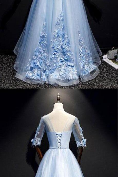 Blue Tulle Lace Applique Mid Sleeve Long A Line Sweet 16 Prom Dress, Evening Dress M2295