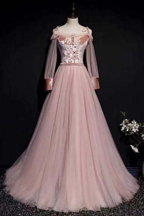 Pink party dress long sleeve evening dress tulle applique prom dress backless formal dress m2297