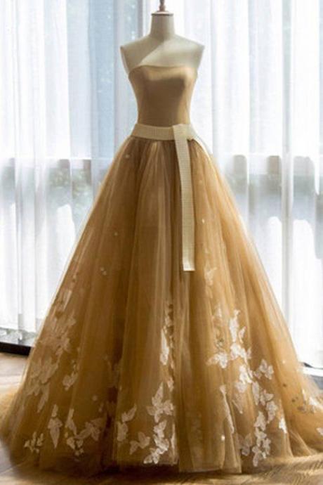 Yellow Party Dress Strapless Evening Dress Tulle Applique Prom Dress With Sash Off Shoulder Formal Dress M2298