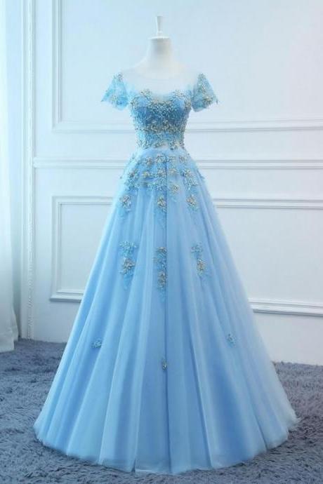 Prom Dresses Long Blue Evening Dresses Foral Tulle Dress Women Formal Party Gown Fashionable Bride Gown Corset Back Quality Custom Made M2303