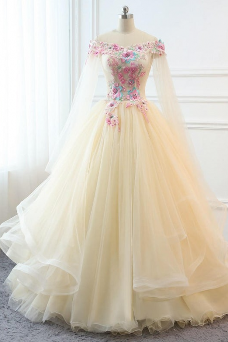 Custom Women Champagne Prom Dress Ball Gown Long Quinceanera Dress Floral Flowers Masquerade Prom Dress M2309